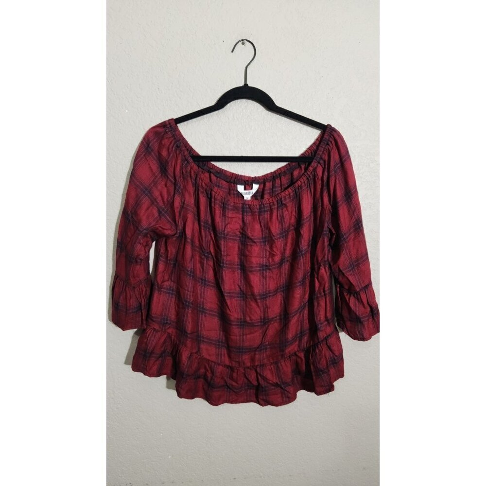 BB Dakota Shirt Womens Medium Red Plaid Ruffle Off Shoulder 3/4 Sleeve New Tag